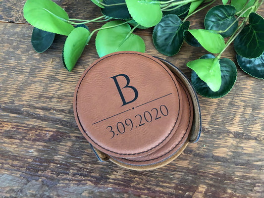 Leather Coaster Set : Initial Above Date