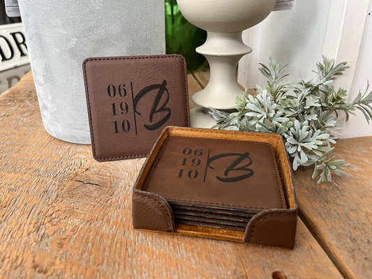 Leather Coaster Set : Vertical Date + Initial