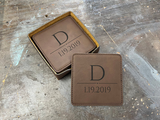 Leather Coaster Set : Initial Above Date